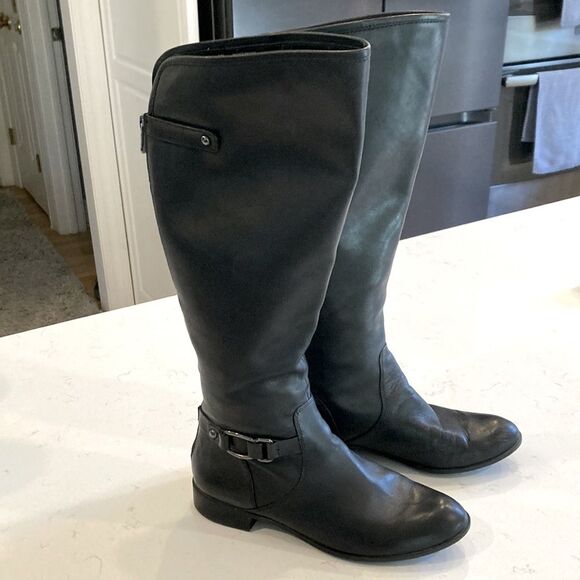 Anne Klein Black Leather Klarrie Flat equestrian Moto Riding Boot Size 8.5 M - Picture 1 of 9